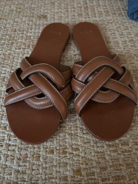Mango Tan Braided Leather Slide Sandals